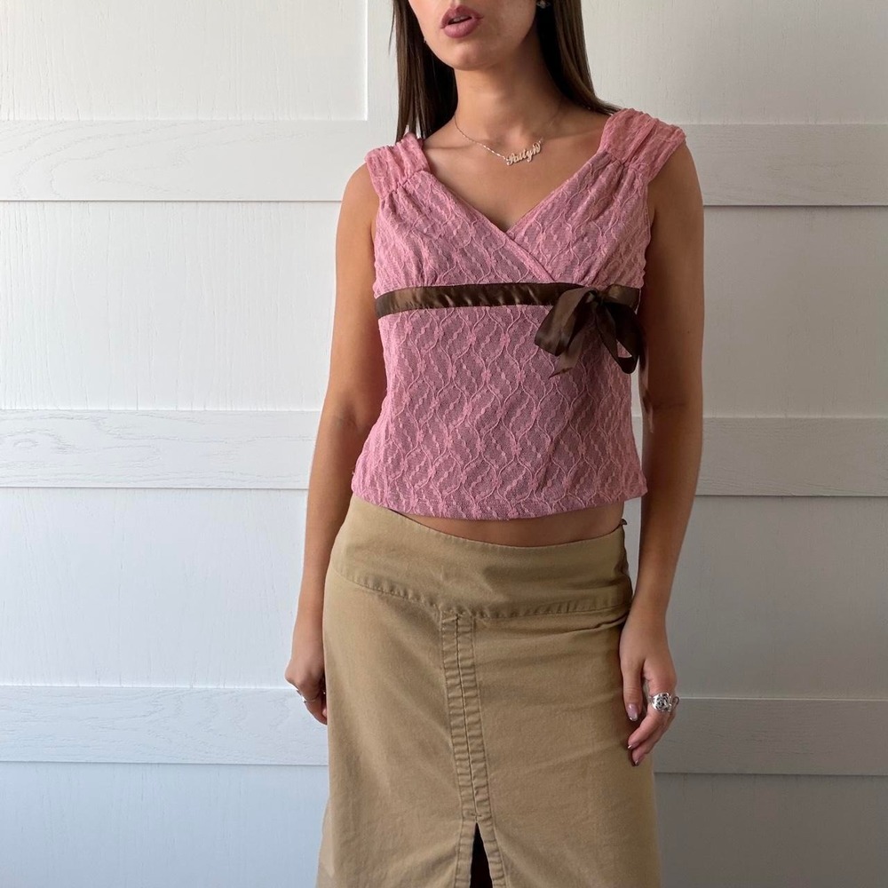 Vintage Beiza Pink Lace Ribbon Tank Top